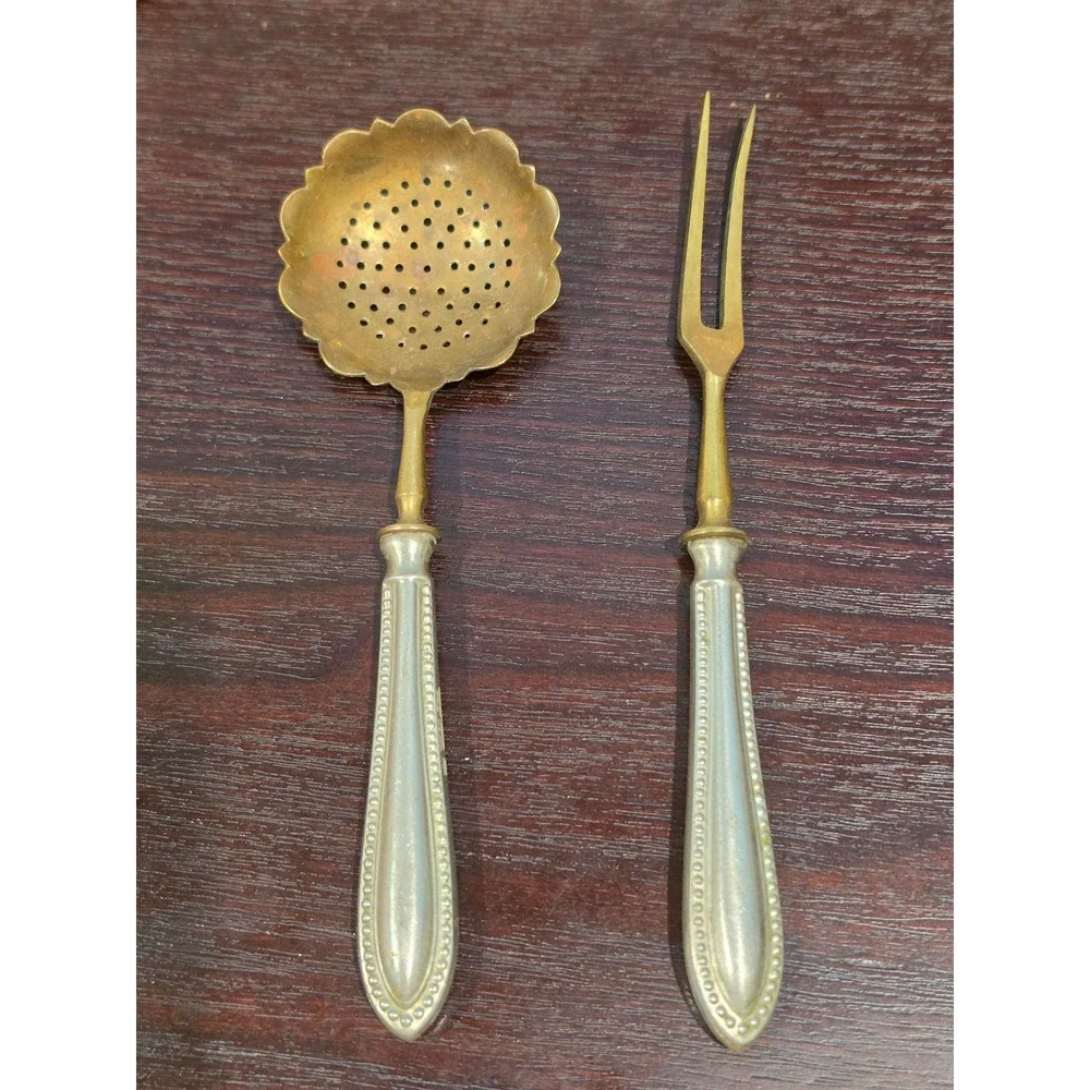 Vintage Alpacca Silver and Brass Serving Set Scalloped Sifter Spoon Pastry Fork